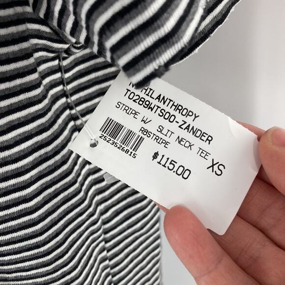 Philanthropy Women's Black Striped Short Sleeve Slit Neck T-Shirt Size XS New - Picture 4 of 12